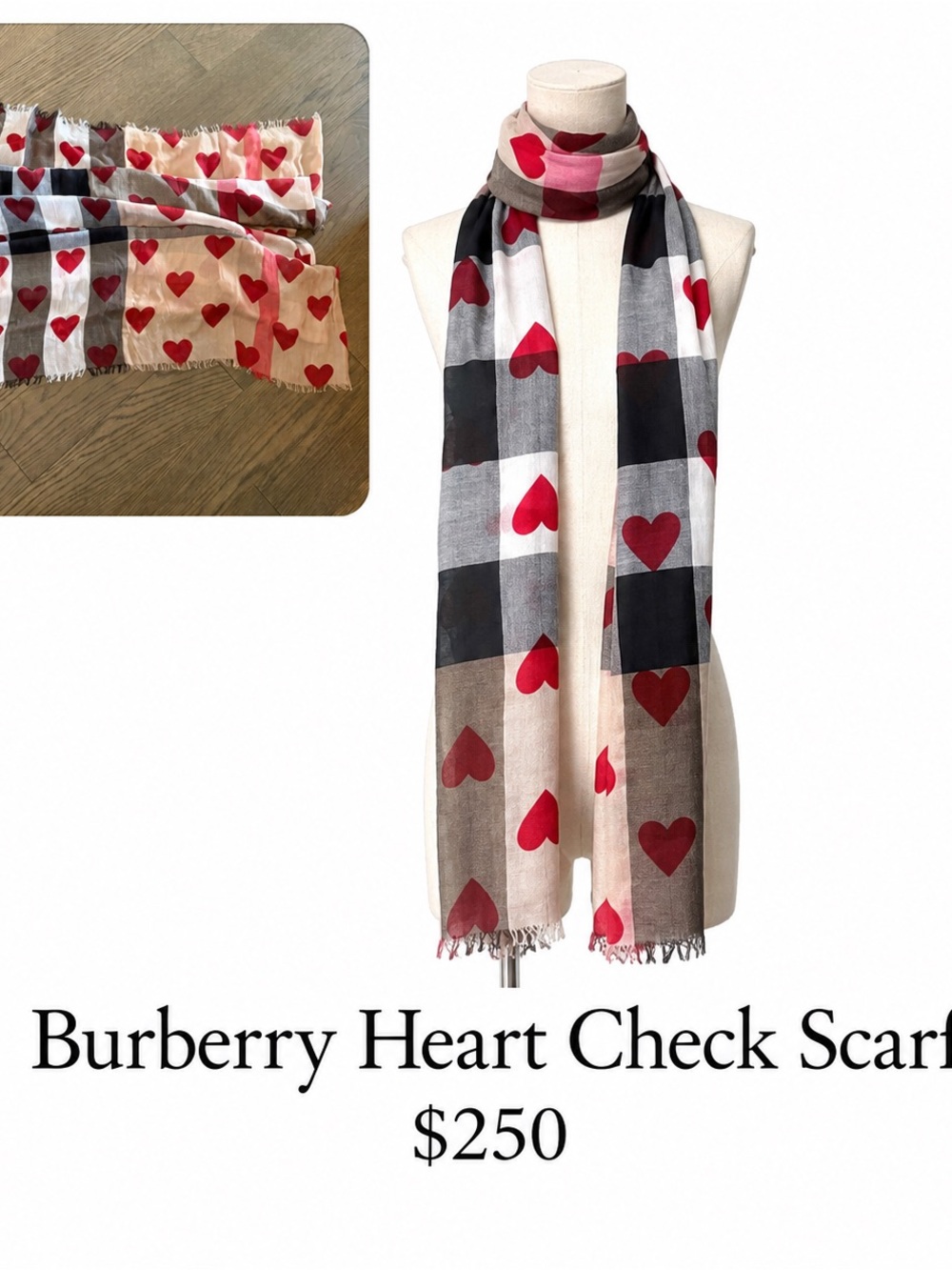Burberry Heart-Print Check Scarf in Red and Neutral Tones